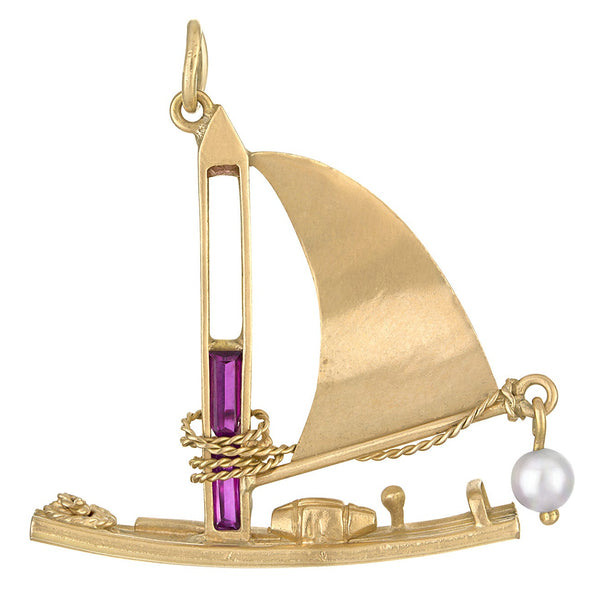 Vintage Ruby & Pearl Sailboat 18k Gold Charm