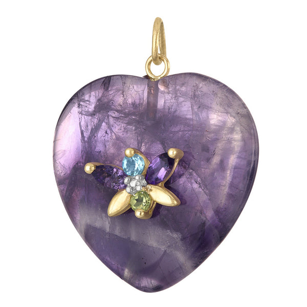 Vintage Amethyst Heart with Butterfly 14k Gold Charm