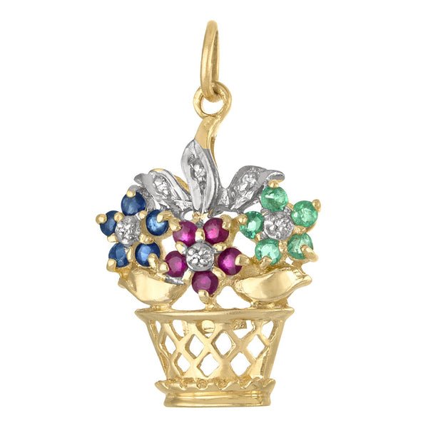 Vintage Gem Set Flower Pot 14k Gold Charm