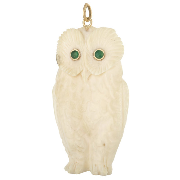 Vintage Larger Bone Owl with Emerald Eyes 14k Gold Charm