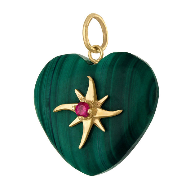 Vintage Ruby Set Malachite Starburst Heart 14k Gold Charm