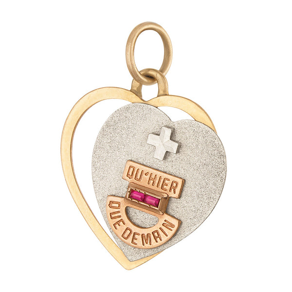 Vintage Augis Two Tone Heart Qu Hier Que Demain 18k Gold Charm