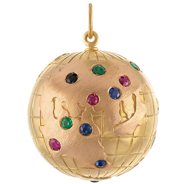 Vintage Gem Set Globe 18k Gold Charm