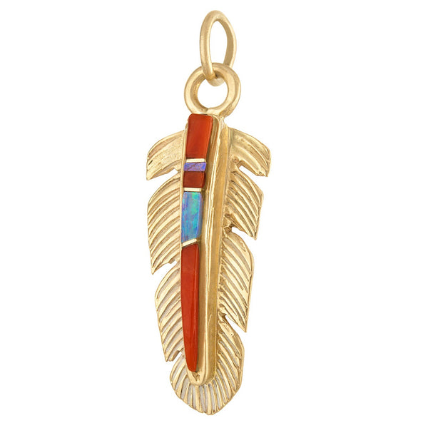 Vintage Inlaid Feather 14K Gold Charm