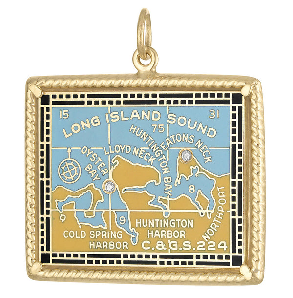 Vintage Enamel Map of Long Island Sound 14k Gold Charm