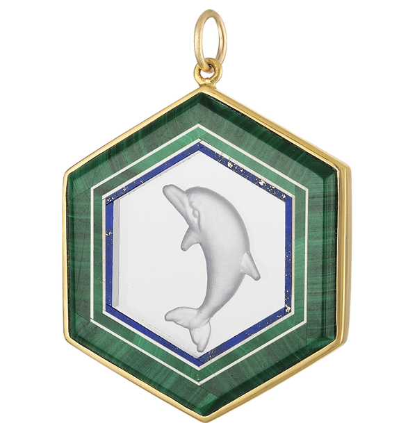 Vintage Malachite Etched Dolphin 18K Gold Charm