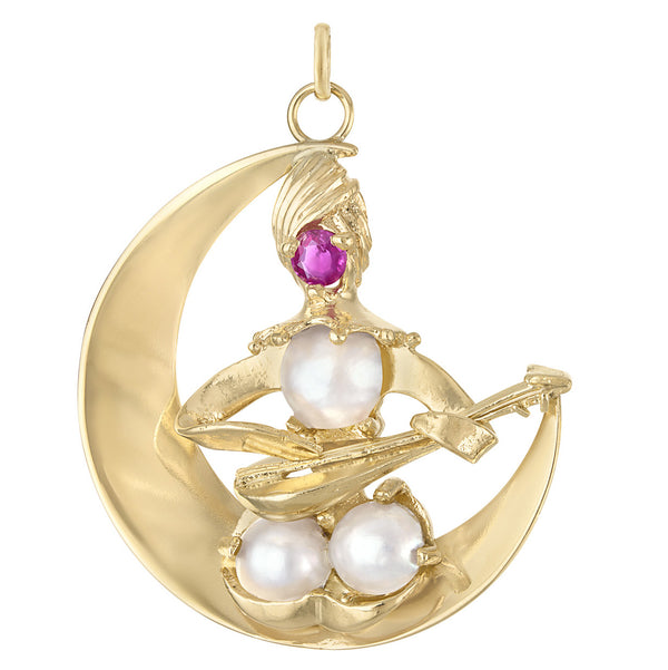 Vintage Ruby & Pearl Man on the Moon 14k Gold Charm
