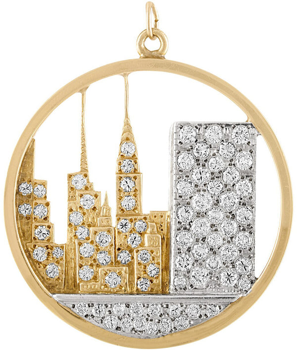 Vintage Diamond New York City Skyline Disc 14K Gold Charm
