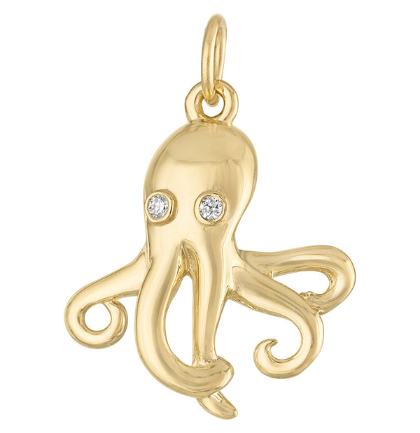 Octopus with Diamond Eyes 14k Gold Charm