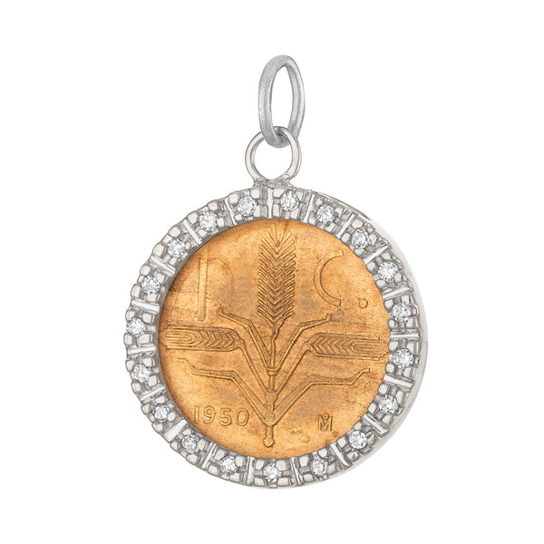 Vintage Mexican Peso 14K Gold Diamond Surround Charm