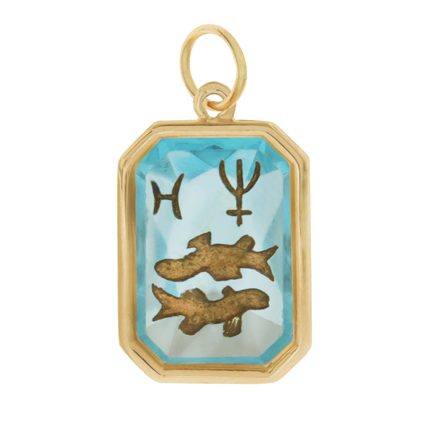 Vintage Zodiac Pisces Colored Glass Intaglio 14k Gold Charm