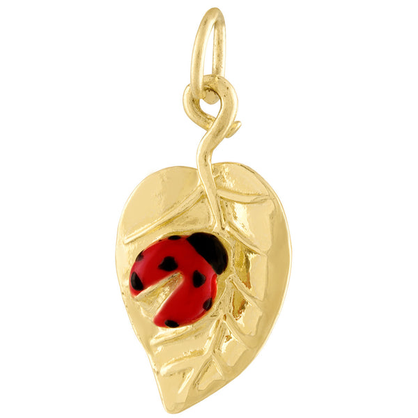 Enamel Ladybug on a Leaf 14K Gold Charm