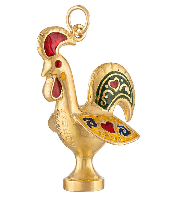 Vintage Enamel Love Rooster 18k Gold Charm