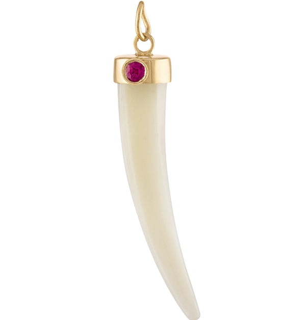Vintage Larger Mother of Pearl Horn with Ruby 14k Gold Charm