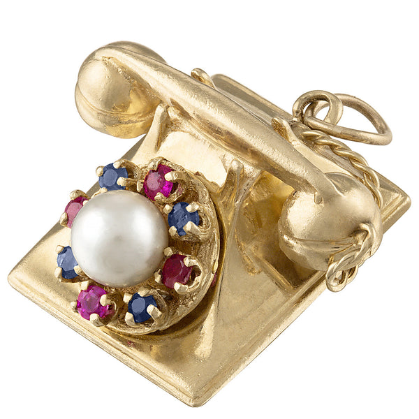 Vintage Larger Gem Set Telephone 14K Gold Charm