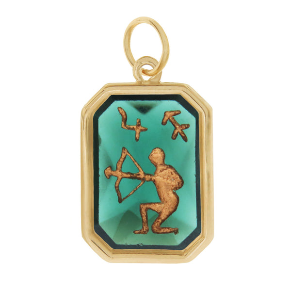 Vintage Zodiac Sagittarius Colored Glass Intaglio 14k Gold Charm