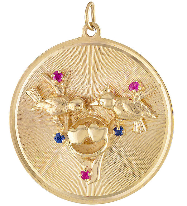 Vintage Gem Set Lovebirds Disc 14k Gold Charm