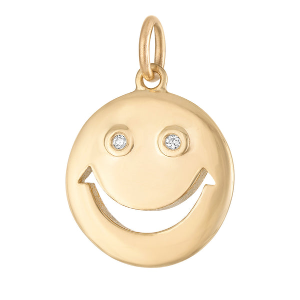 Smiley Face with Diamond Eyes 14K Gold Charm