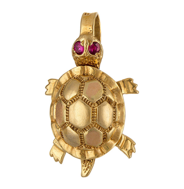 Vintage Ruby Set Turtle 14k Gold Charm