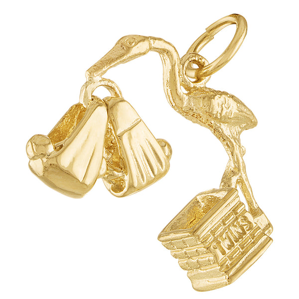 Stork with Twins 14K Gold Charm