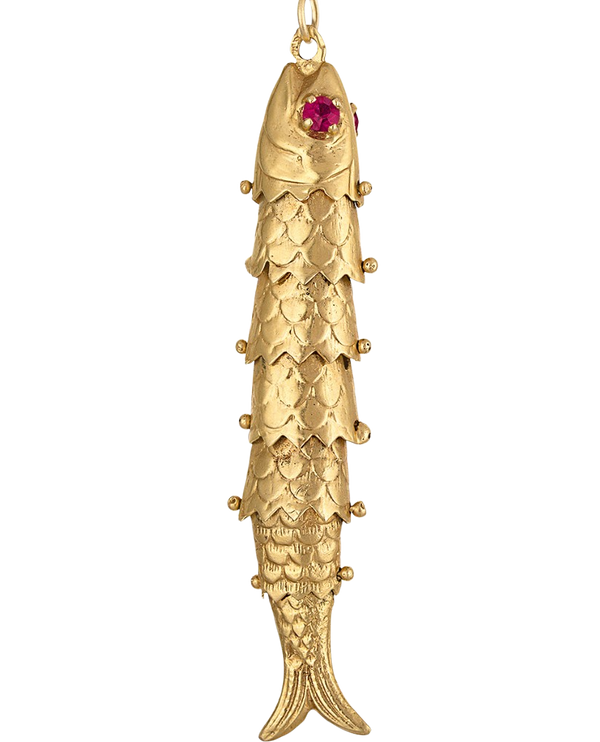 Vintage Extra Large Movable Ruby Eyed Fish 14k Gold Charm